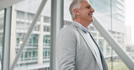 Canvas Print - Senior business man, CEO and face with smile, motivation or walking in corridor at financial company. Elderly entrepreneur, executive and leader with excited start to morning at workplace in New York