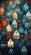 AI generated illustration of an array of brightly colored homes illuminated against a dark night sky
