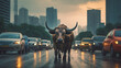Water buffalo leading traffic, Bangkok backdrop.generative ai