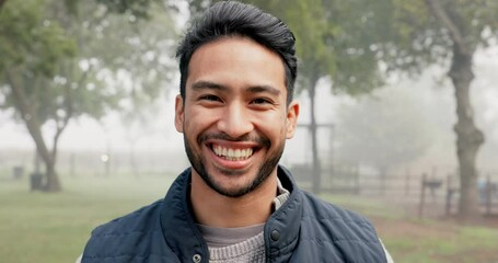 Sticker - Face, smile and Asian man outdoor, nature and happiness with fresh air, wellness and freedom. Portrait, male person and happy guy outside, Japanese and chilling in a park, healthy and environment