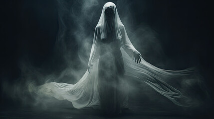 Wall Mural - Scary ghost on dark background, Female ghost rising up on dark background, 