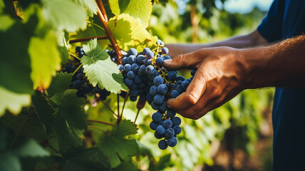 Wall Mural - worker hand picking grape in the garden.