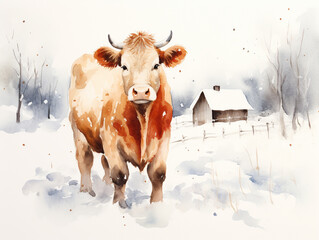 A Minimal Watercolor of a Cow in a Winter Setting