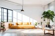 modern living room with light yellow sofa and plants