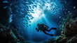 scuba driver underwater with fish ,  undersea life wonders around them ,A scuba driver in a special dress exploring the underwater riffs of the blue ocean