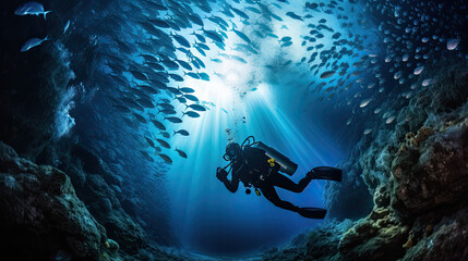 scuba driver underwater with fish ,  undersea life wonders around them ,A scuba driver in a special dress exploring the underwater riffs of the blue ocean