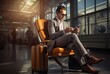 Businessman holding smartphone in airport waiting room