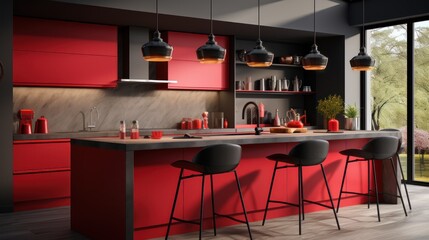 Red accents stand out, making the kitchen glow with warmth