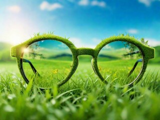 Wall Mural - eyeglasses on top of a lush green field
