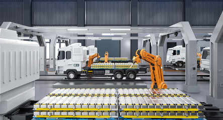 Wall Mural - Automation automobile factory with robot assembly line produce electric truck