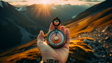 Hand holding a compass on the mountain in a bright morning.