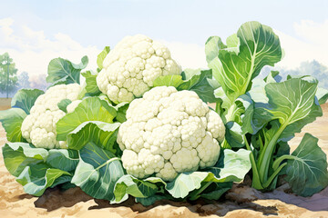 Wall Mural - Illustration of a cauliflower in the field