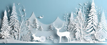 Paper Cut Christmas With House Tree Reindeer And And Moon On White Snow Winter Background