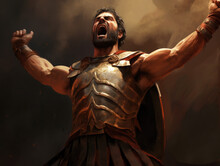 Roman Warrior With His Arms Raised In The Air.