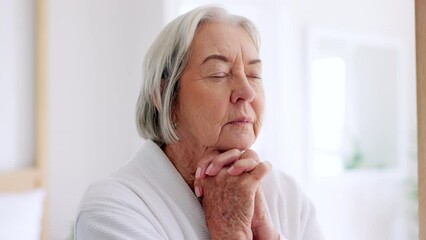 Wall Mural - Home, religion and senior woman with peace, praying and spiritual with faith, guidance and wellness. Apartment, old person and elderly lady with hope, gratitude and Christian with retirement and calm