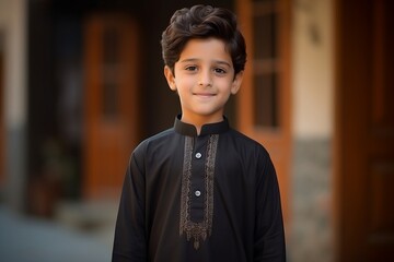 Portrait of a young boy in a traditional costume in the old city