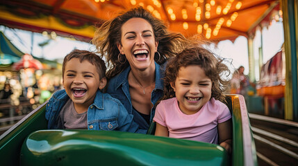 Mother and two children riding a rollercoaster at an amusement park or state fair,