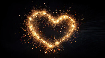 Beautiful Sparkling golden heart isolated on black background. Glowing heart shape to overlay on the textures in the design Holiday greeting card, Web banner for Valentine's Day, Wedding