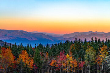Wall Mural - landscape of autumn mountain forest and mountain range in mist