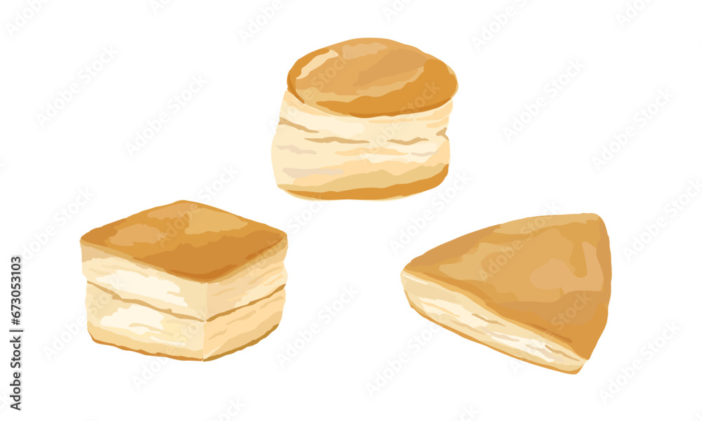 Different shapes of scones, rounds, squares and triangles. Hand drawn ...