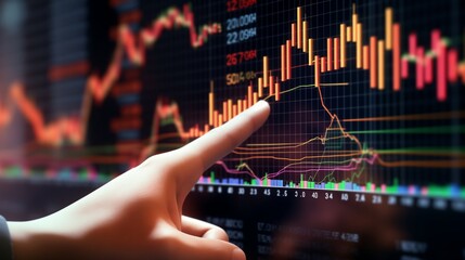 Hand pointing to a bar chart for stock/forex market