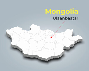 Mongolia 3d map with borders of regions and it’s capital