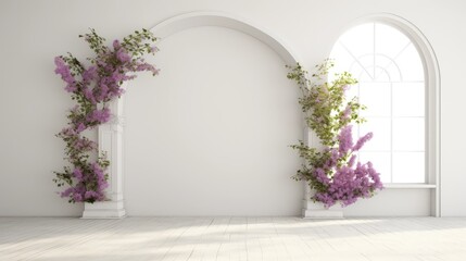 white room with arch and flowers in the wall and large window Generative Ai