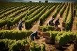A sprawling vineyard with rows of grapevines heavy with ripe clusters, as workers pick grapes and place them in wooden crates during a fruitful harvest. --ar