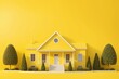 © HEKOLA - 3d render of a sunny yellow house with white porch, roof, and circular window
