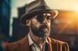 Gangster bearded man in sunny light. Spark smoke face magic portrait. Generate Ai