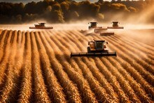 A sun-kissed field of corn, with farmers using a modern combine harvester to efficiently collect the mature corn cobs during the autumn harvest. --ar