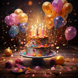 Fototapeta  - Kartka na urodziny, tort, balony, życzenia. Ai generative