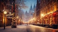 Snowy European Street With Decorated Trees And Gothic Church Architecture. Winter And Festive Ambiance.