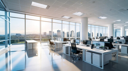 high quality photo, view of a modern open office space, big windows at one side, no people. bright o