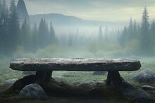 Wooden Bench In The Misty Forest