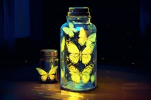 Butterflies Fly Out Of A Glass Jar On A Dark Background