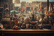 vintage-style poster of artistic photo recreating bustling ancient Egyptian markets, displaying exotic goods and spices. retro aesthetic, Provia film