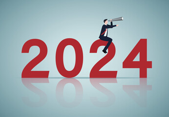 Year 2024 outlook, economic forecast or future vision, business opportunity or challenge ahead, year review or analysis concept, confidence businessman with telescope ride on year 2024.