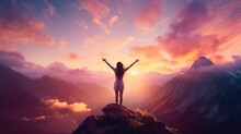 Silhouette Of A Confident Woman Standing Atop A Mountain With A Pastel-colored Sky, Representing Empowerment And Freedom