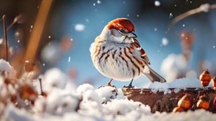 Wall Mural - Winter Bird Feeder Scene: American Tree Sparrow Seeking Seeds