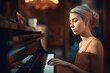 Pianist young woman at sun light. Sound classical instrument music art. Generate Ai