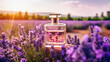 Glass bottle of lavender essential oil with fresh lavender flowers in lavender field. Generative AI