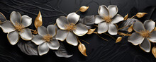 3d Golden Flowers On A Black Marble Background Wallpaper
