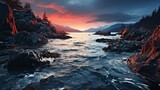 Fototapeta  - A serene coastal sunset with waves crashing against rocky shore.