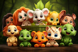 Fototapeta Pokój dzieciecy - Cute animals collection 3D illustration image generated by AI