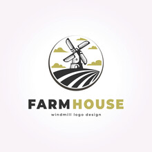 Windmill Emblem In Field Logo Vector, Farmhouse Design Icon Illustration Template With Clouds