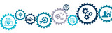 Fototapeta  - Automation banner vector illustration with the icons of repeatability, system, innovation, productivity, reliability, practical, creativity, development, process and technology on white background.