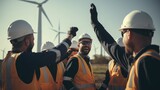 Fototapeta  - Engineer business success at wind turbines, green energy and innovation.