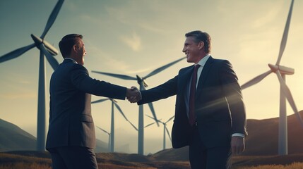 business man success at wind turbines, green energy and innovation.