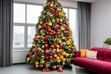 Wall Mural - A Christmas tree made of artificial fruit stands in the living room near the window.